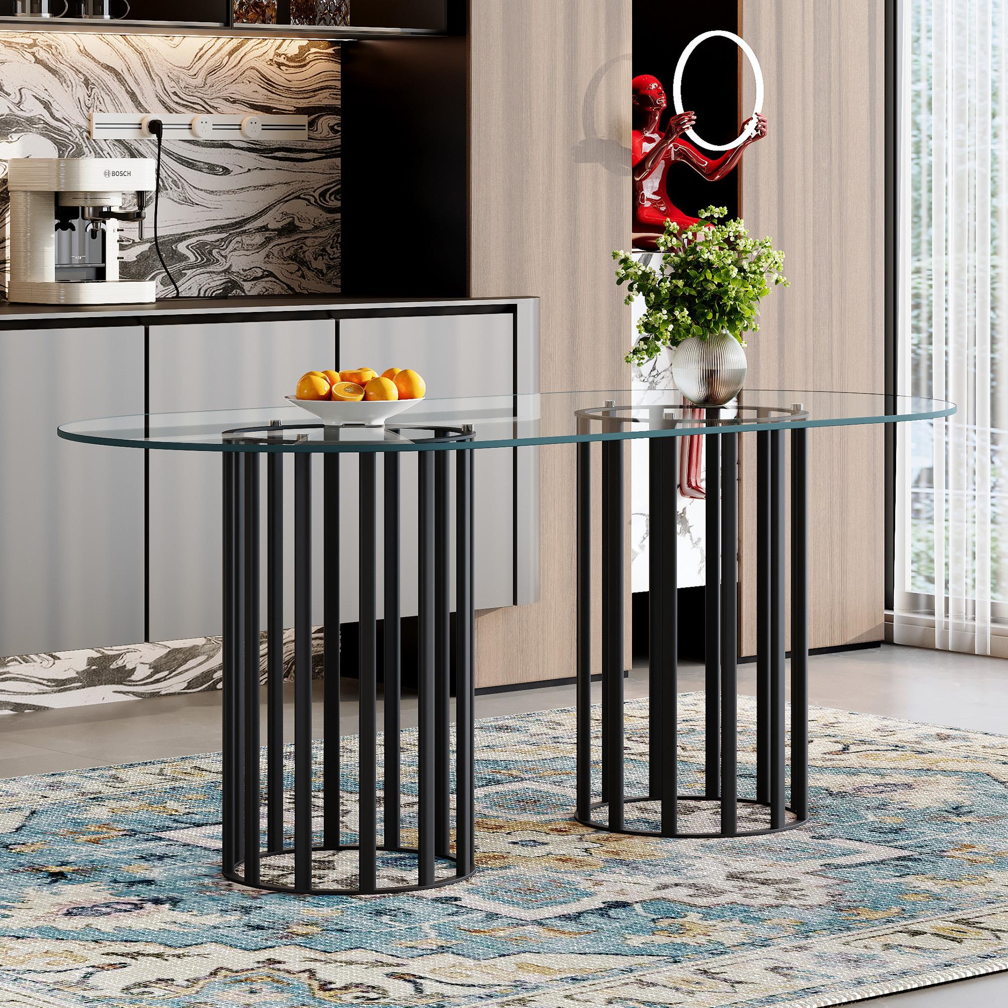 71 Inch Oval Tempered Glass Dining Table, Modern Light Luxury Gold Double Pedestal Kitchen Dining Table, Scratch Resistant Easy Clean Glass Top, Seats 6-8 for Dining Room Restaurant