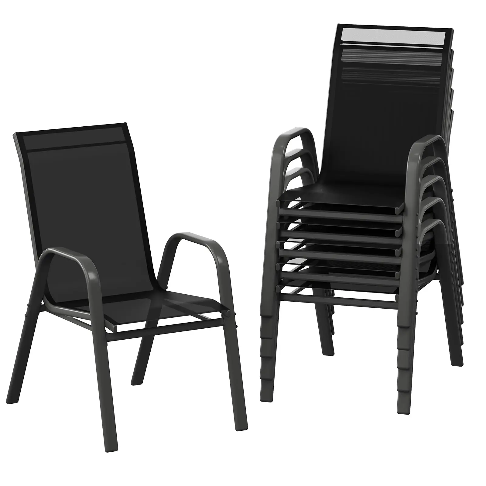 Patio Chairs Set of 6, Outdoor Stackable Dining Chairs with Textilene Fabric, All-Weather Deck Stacking Chairs with High Back for Backyard Poolside Garden Balcony, Black
