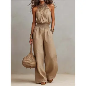 Summer Vacation Outfit Women 2026 |     European American Trendy Linen Wide Leg Pants Jumpsuit Set