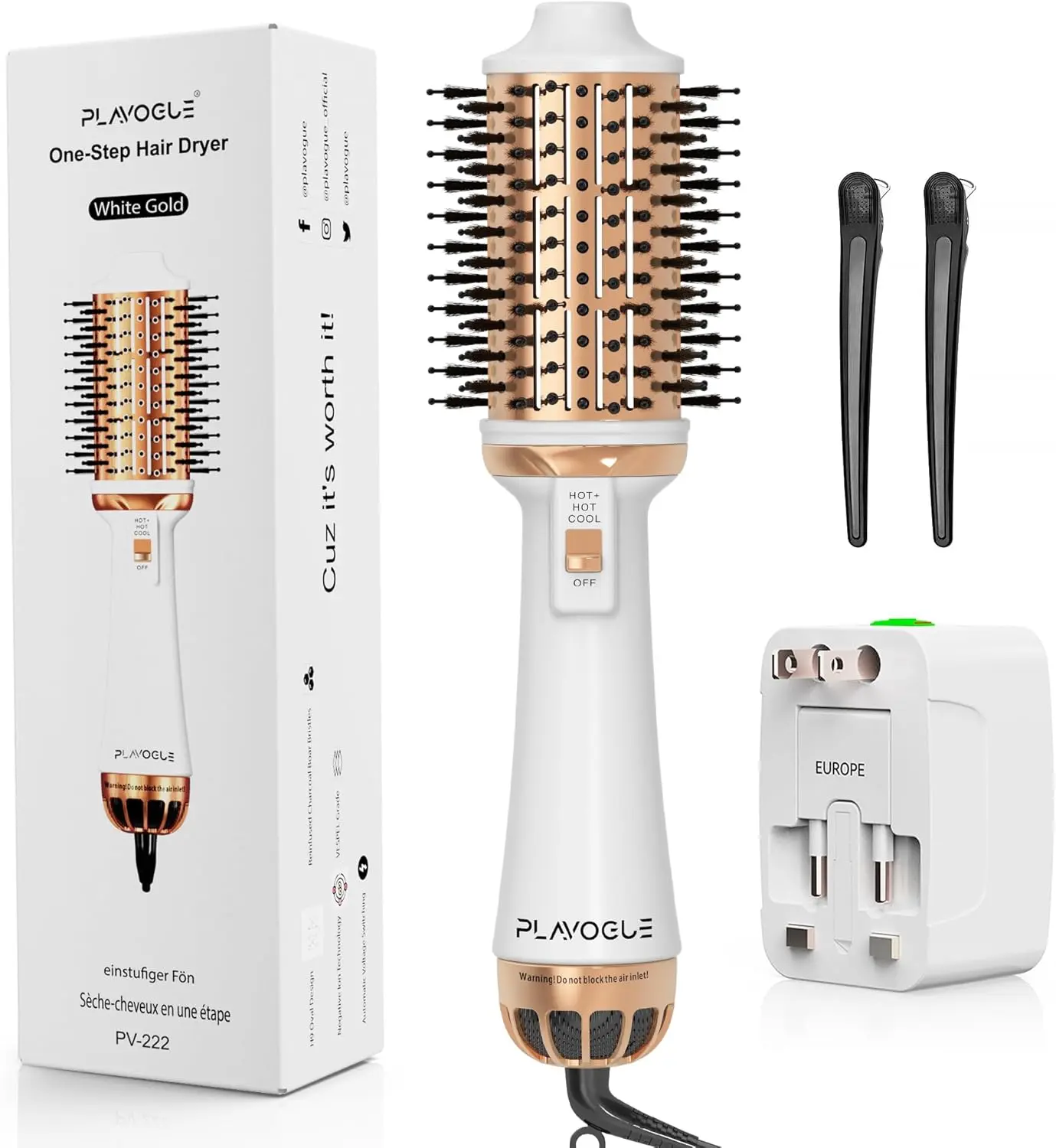 Plavogue PV-222 Dual Voltage Ionic Blowout Brush - 110V-240V Ceramic Coated, Anti-Frizz Styling Tool for European Travel & Long/Mid Hair