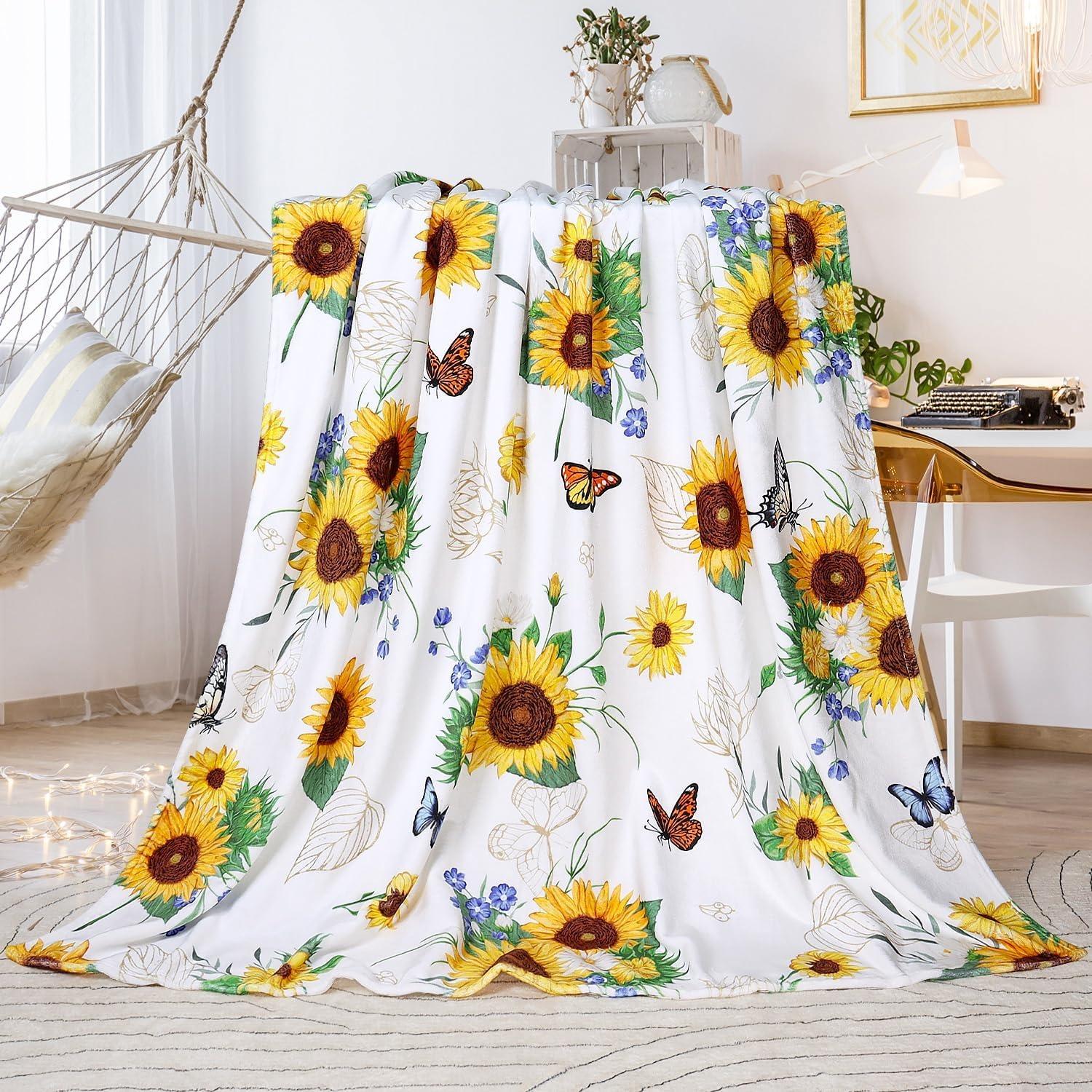 Floral Blanket Vintage Flowers Blankets Butterfly Wildflowers Throw Blanket Soft Cozy Flannel Fleece Throw Blanket Colorful Daisy Plants Bed Blanket for Couch Sofa, 50"×60"