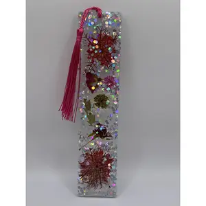 Red and White Flower Resin Bookmark with Glitter