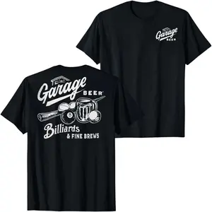 Garage Beer Billiards Graphic T-Shirt, Vintage Pool Hall Cue Ball Mug Print Tee, Retro Bar Game Design Black Unisex Streetwear Casual Summer Shirt