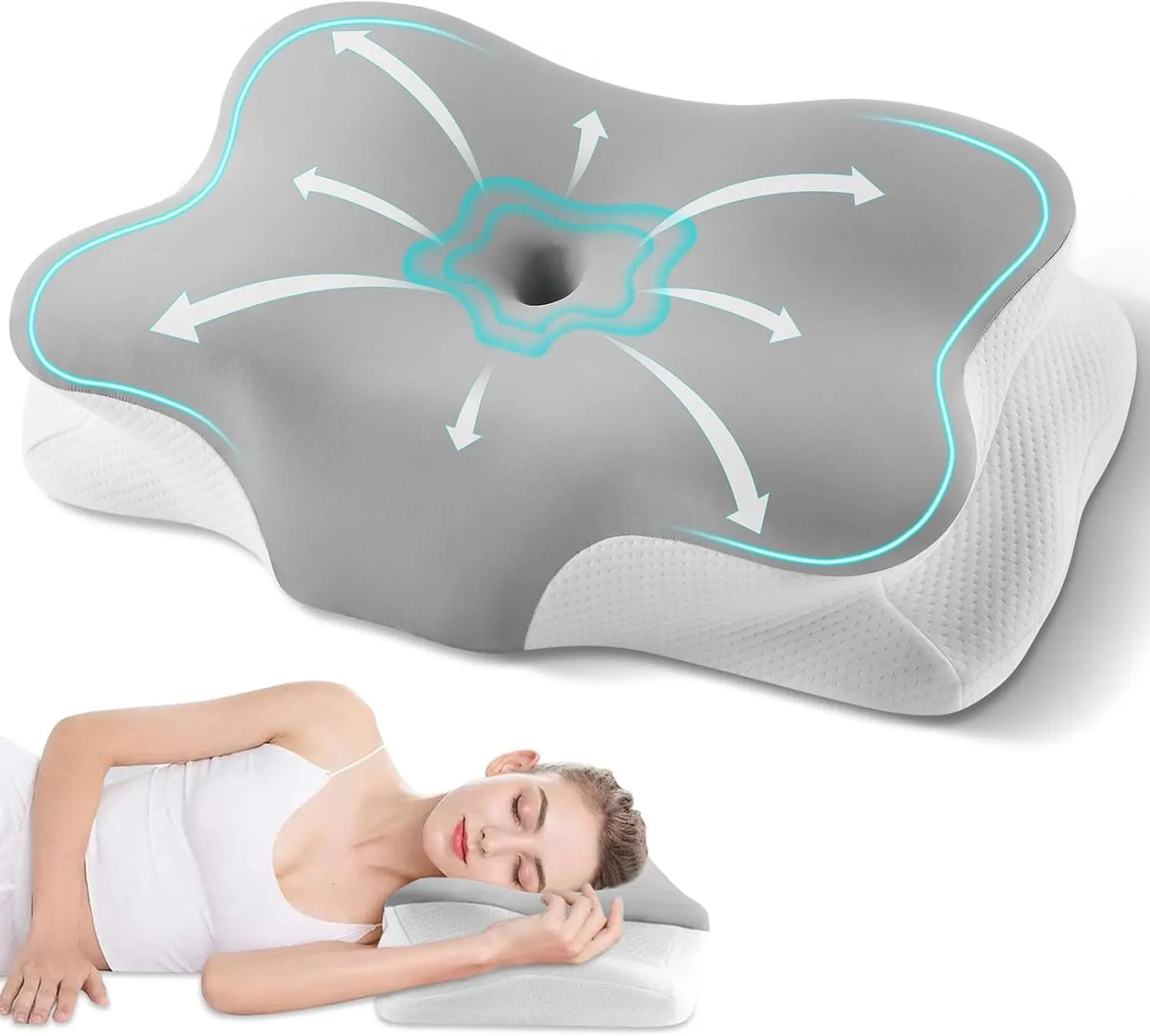 Silkena Ergonomic Contoured Butterfly Shape Memory Foam Cervical Neck Pillow - Dual Height (4.7/3.4in), 5-Second Rebound, Breathable, Cervical Traction Zone, Machine Washable for Side Sleepers (Grey, Office/Home Use), Orthopedic, 4.7/3.4 Inches