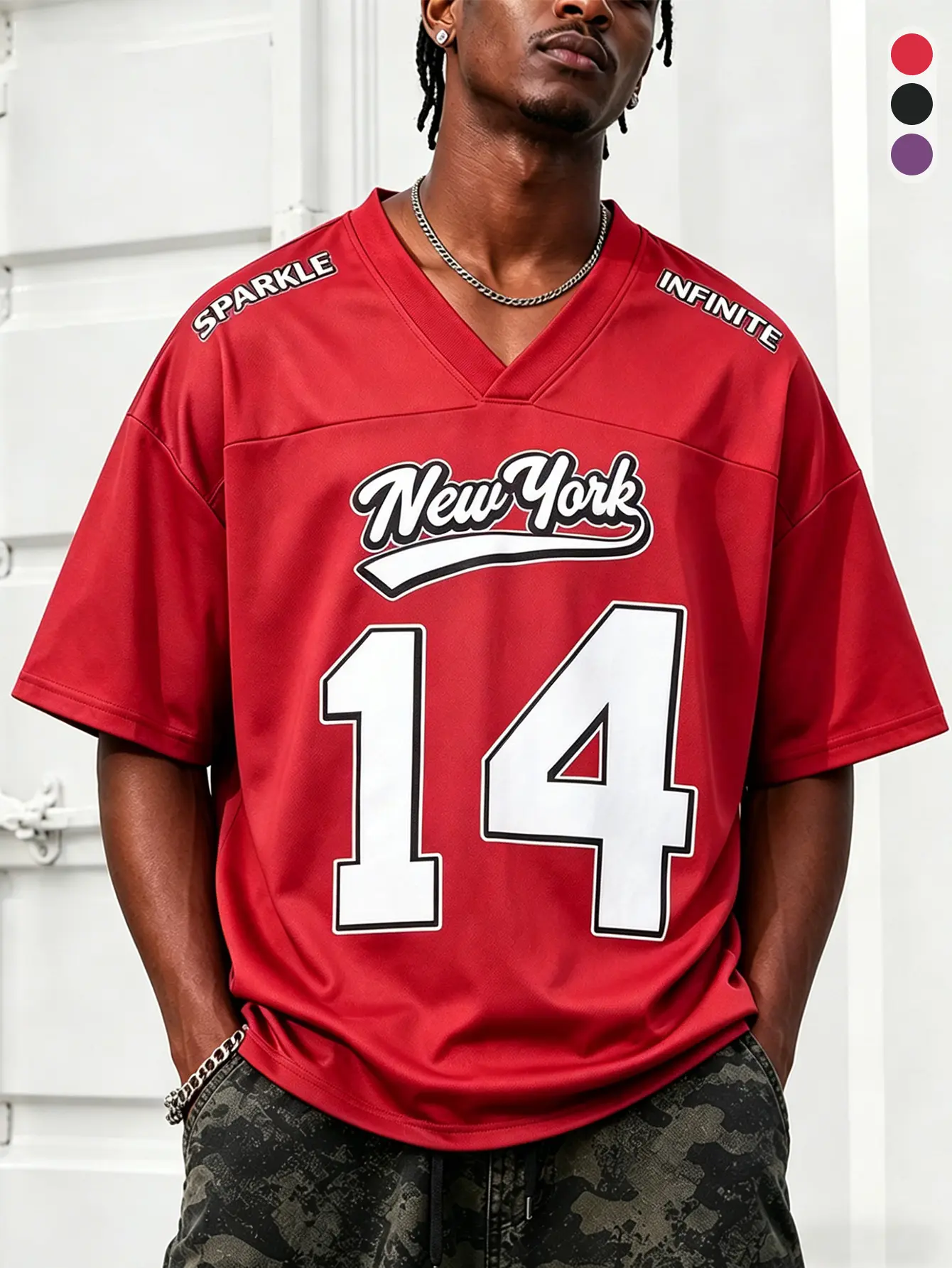 Men’s multicolor size 14 printed American jersey — street sports style, retro collegiate vibe, loose breathable fit, everyday versatile oversized design, minimalist relaxed clean fit. Size 14 American jersey.