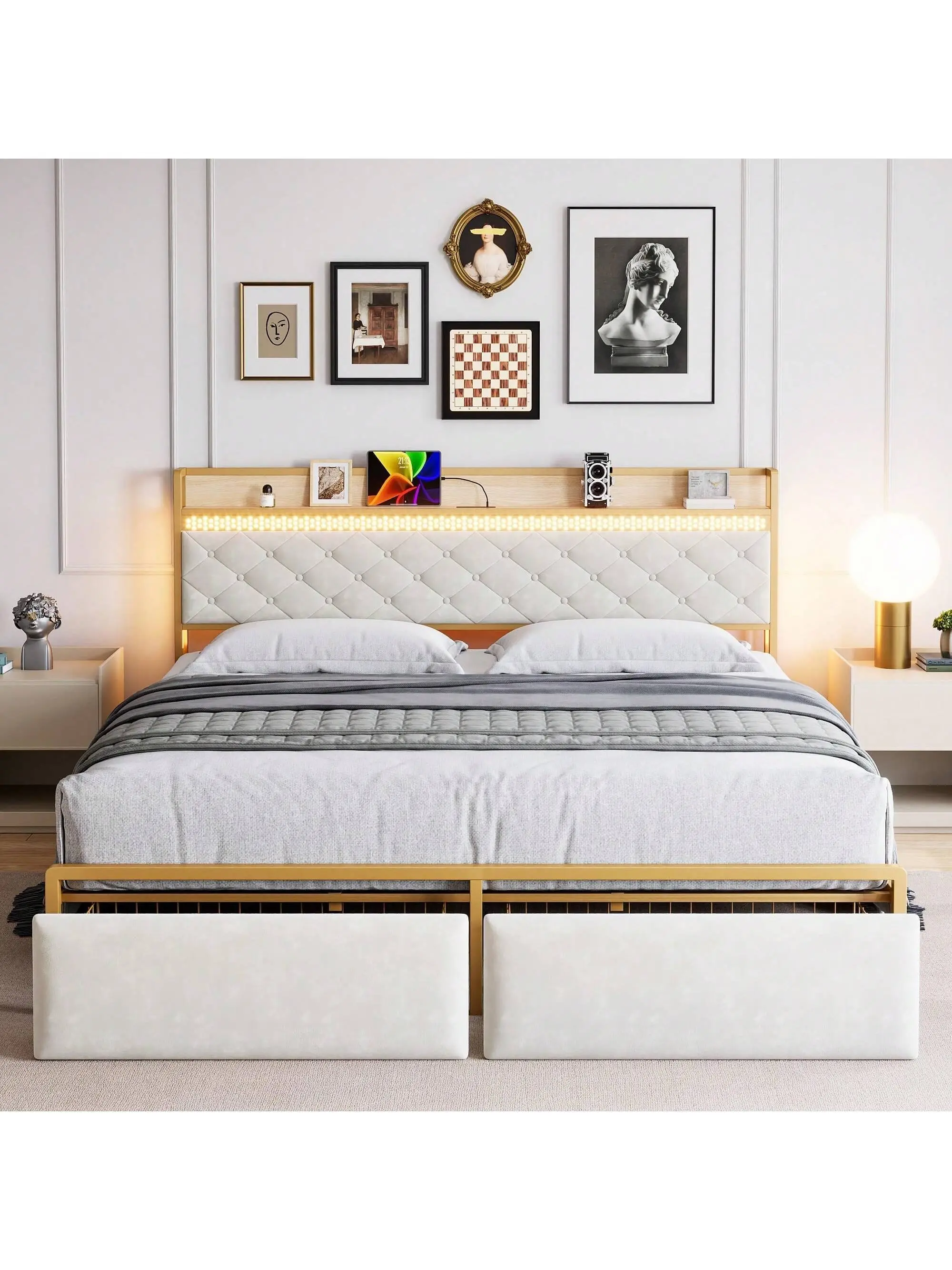 Gaomon King Size Upholstered Platform Storage Bed Frame - Metal Frame, RGB LED Color Changing Lighting Headboard, USB Ports, Outlets, Storage Drawers, Silent, Easy Assembly Required, Stable, 10.8" Clearance, 1100lbs Load Capacity, Children's Furniture