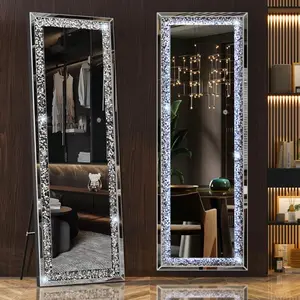 63" Full-Length Mirror with LED Lights & Crystal Diamond – Wall Mount/Lean for Living/Bedroom Decor Frameless Box