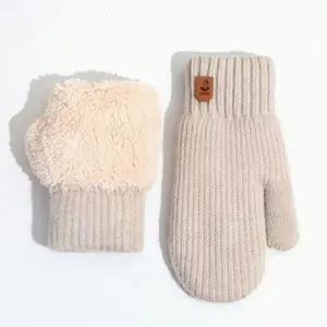 Winter Warm Fleece Lined Gloves, Cute Plush Full Finger Knit Gloves, Thick Double Layer Cold Protection, Outdoor Solid Color Striped Gloves