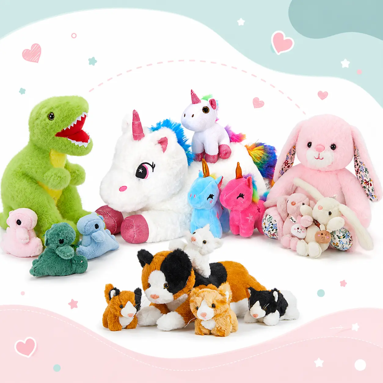 WEWILL 17" | 5-Piece Kawaii Dinosaur Rabbit Cat Unicorn Stuffed Animals Set with 4 Plush Babies, Soft Huggable Kitty Surprise Parent-Child Plush Toy Warm Gift for Kids Girls