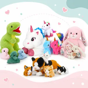 WEWILL 17" | 5-Piece Kawaii Dinosaur Rabbit Cat Unicorn Stuffed Animals Set with 4 Plush Babies, Soft Huggable Kitty Surprise Parent-Child Plush Toy Warm Gift for Kids Girls