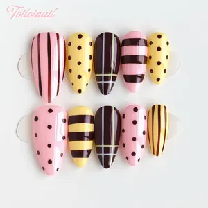Candy Mix Handmade Press-On Nails, Almond Fake Nails, Medium Almond Shape, 10pcs, Pink Yellow Polka Dot, Y2K Aesthetic & Baddie Nails, High Gloss Mirror Finish, Reusable DIY Manicure Kit for Women Daily Wear, Nail Art Diy, Trendy Cute False Nails