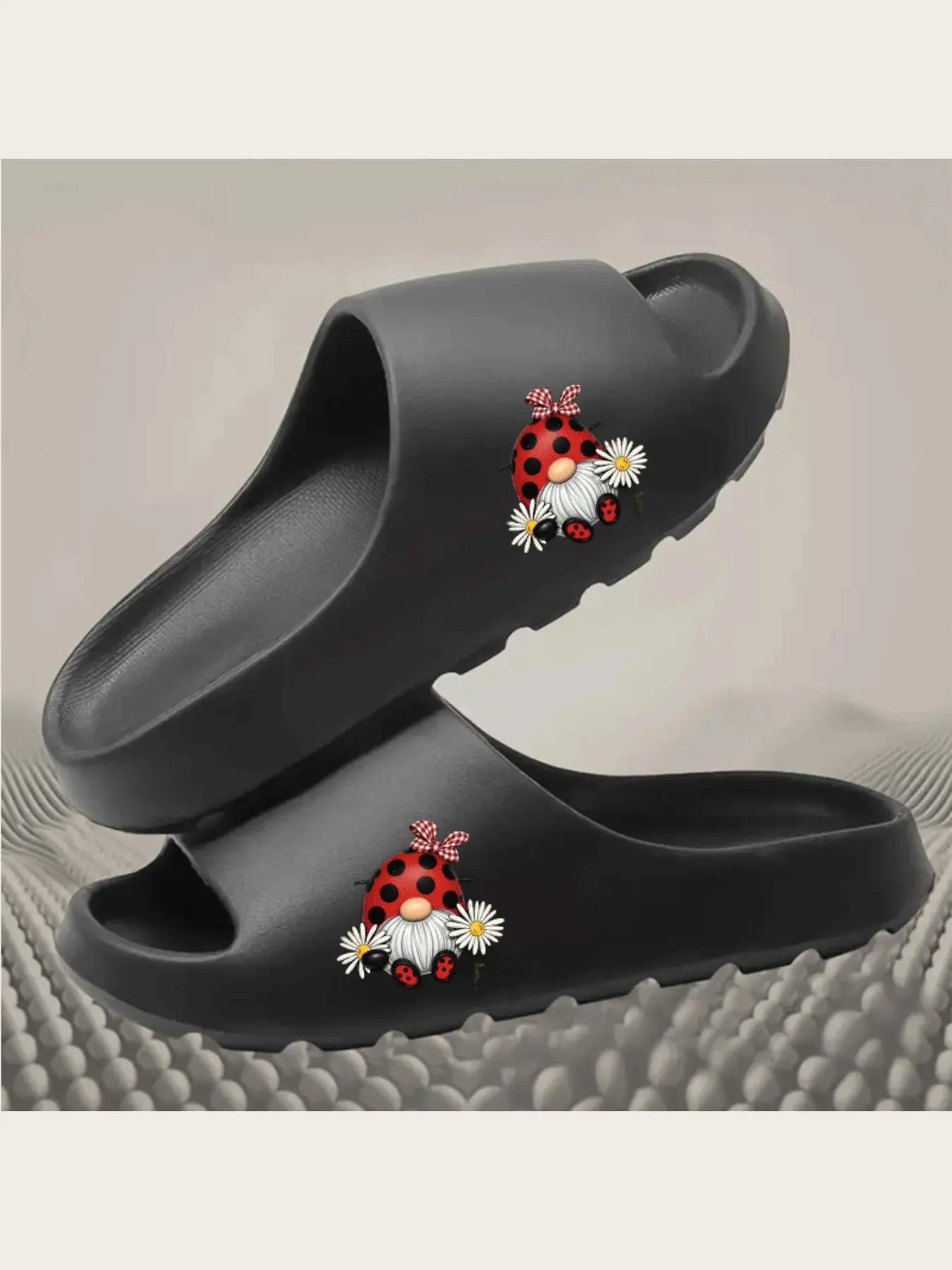 Cute Ladybug Gnome Slippers with Plaid Bow and Daisy Decor Soft Comfortable Indoor Shoes for Women Girls Adorable Garden Cartoon Character Non-Slip Home Slippers Spring Summer Casual Footwear