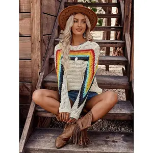 Women’s rainbow striped knit pullover, spring and summer long-sleeved crewneck fitted casual top, elegant everyday wear GARMENTARY