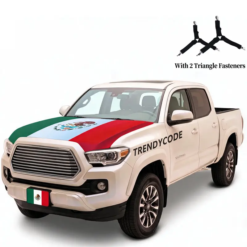 2 in 1 Mexico Set - 1 Car Hood Cover, Stretchable Fabric Truck Accessories with Durability, Water Resistance, Machine Washable, Triangle Clips, Bug Shielding, Fit for Trucks, Sedans, SUVs, Ideal for Parades, Parties