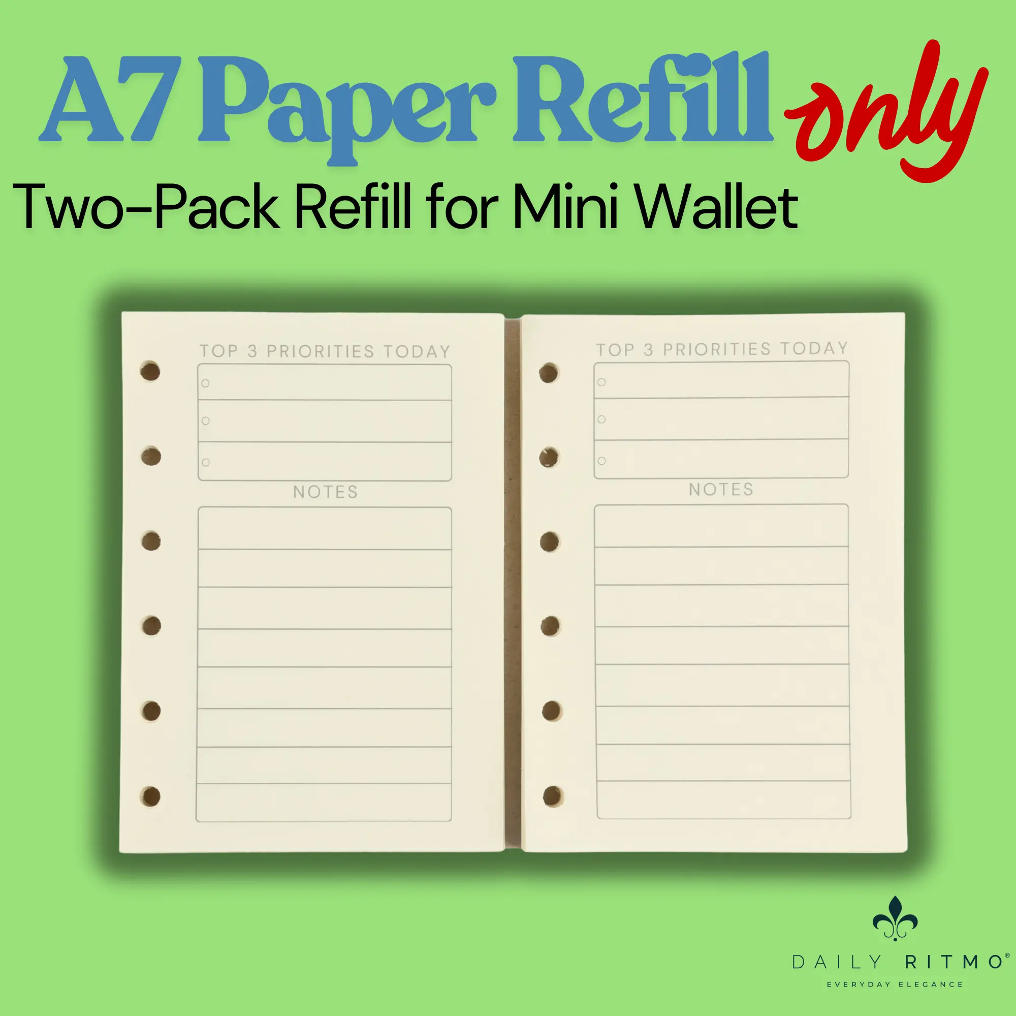 DAILY RITMO A7 Paper Refills for Checkered A7 Wallet Pocket Binder Agenda PM Inserts, 2 Pack 90 Sheets / 180 Pages, 100 Gram Thick Cream Paper, 6 Hole Binder Journal