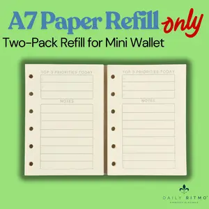 DAILY RITMO A7 Paper Refills for Checkered A7 Wallet Pocket Binder Agenda PM Inserts, 2 Pack 90 Sheets / 180 Pages, 100 Gram Thick Cream Paper, 6 Hole Binder Journal