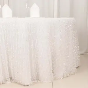 Polyester Round Tablecloth 120" White Fringe Shag Design - Ultra Soft Hypoallergenic Table Cover for Weddings & Festive Events