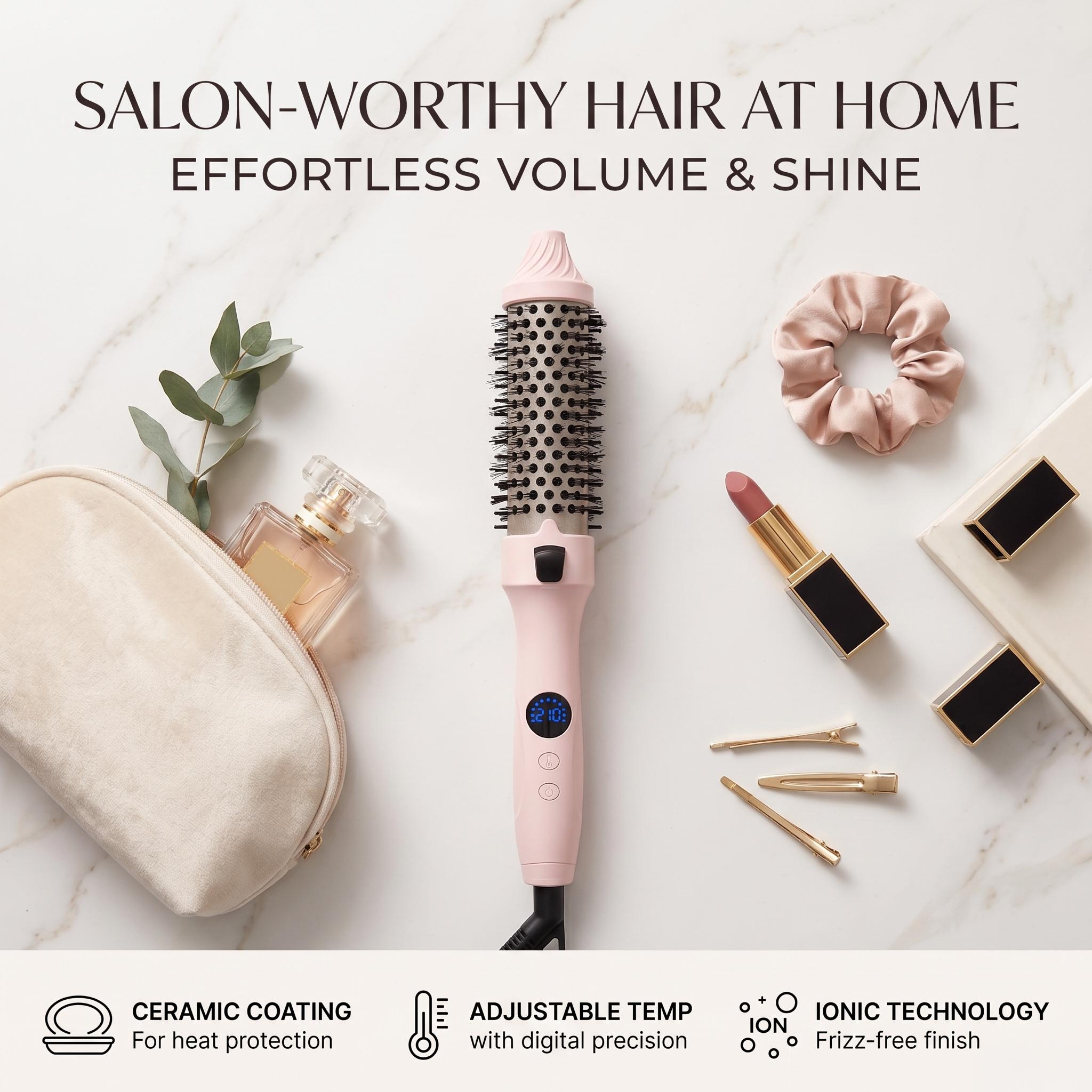 1.5-Inch Ionic Heated Styling Brush with 11 Heat Settings – Fast Smoothing & Natural Waves for Fine to Medium Hair (Pink)