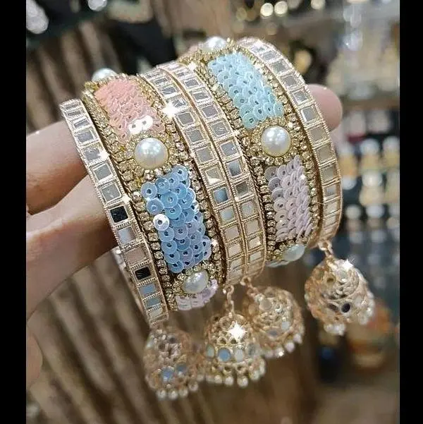 Pastel Multi Colored Tikki Bangles Set with 4 Rose Gold Bangles & 2 Tikki Kada