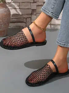 New Fashion Breathable Mesh Hollow Out Sandals for Women, Summer Outdoor Flat Mules, Stylish Half Slippers, Versatile and Comfortable, Flat Sandal Shoes, Footwear
