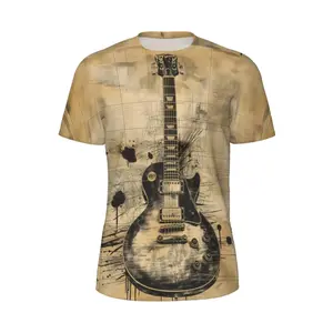 Unisex Vintage Electric Guitar 3D Print T - Shirt, Artistic Graffiti & Music Sheet Background, Perfect for Music Festivals, Concerts, Daily Street Style, Ideal for Music Lovers & Art Enthusiasts