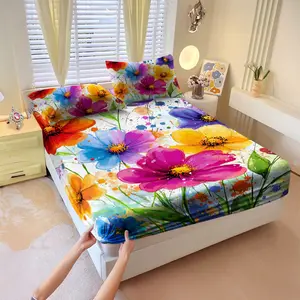 Floral pattern bed sheet set of 3 pieces, including 1 bed cover and 2 pillowcases, all season mattress protection cover, bed sheet, soft and comfortable deep mouth design, breathable bedding, bedroom and guest room decoration, removable