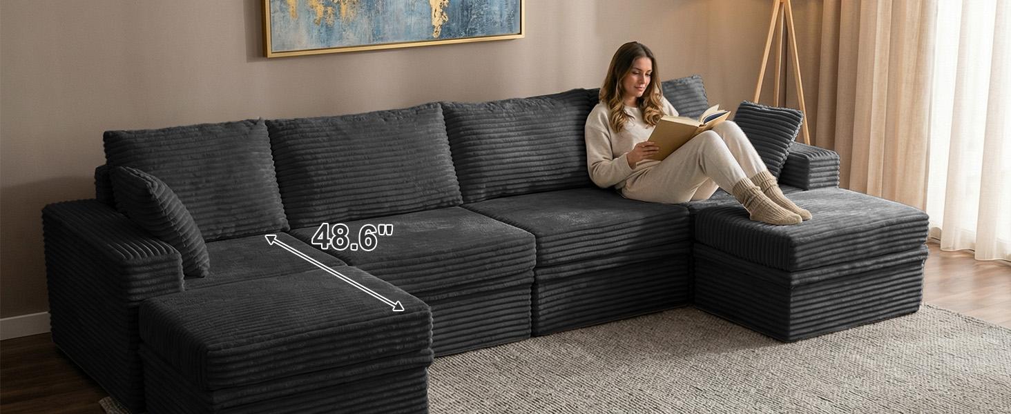 【3 Packages Shipping】NABUMI 142" Modular Sectional Sofa with Storage, Oversized U-Shaped Cloud Couch with Ottoman, 27" Deep Seat Memory Foam Corduroy 6-Seater Couches, Ergonomic Memory Foam, Free Combination, Tool-Free Assembly, Black BeigeDark Gray Green 【3 Packages Shipping】NABUMI 142" Modular Sectional Sofa with Storage, Oversized U-Shaped Cloud Couch with Ottoman, 27" Deep Seat Memory Foam Corduroy 6-Seater Couches, Ergonomic Memory Foam, Free Combination, Tool-Free Assembly, Black BeigeDark Gray Green