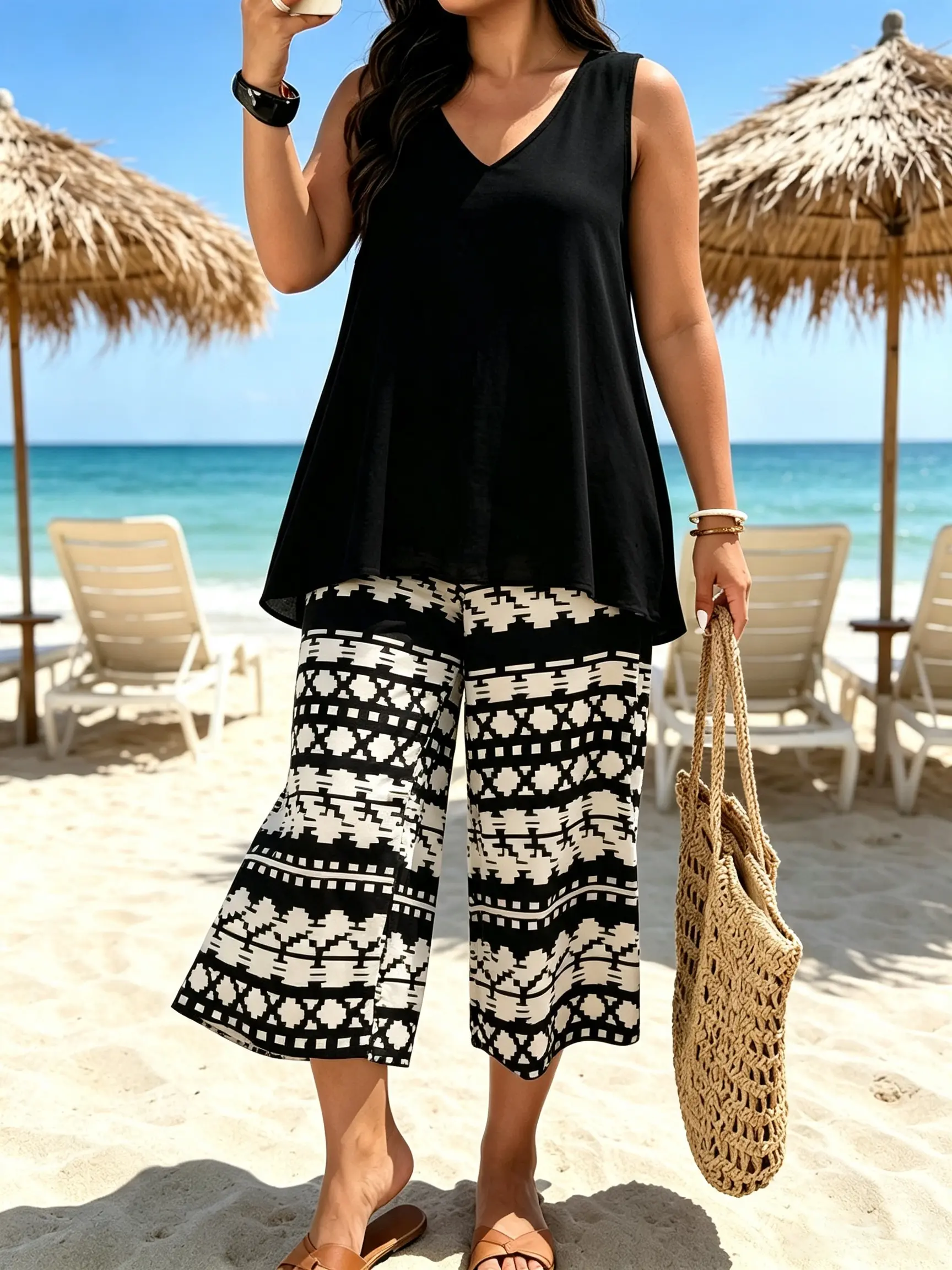 Women’s Plus Size 2-Piece Set - Tribal Geometric Print Tank Top, Capri Wide-Leg Pants Matching Outfit - Comfortable Casual Summer Clothes for Curvy Women, Beach Vacation Wear
