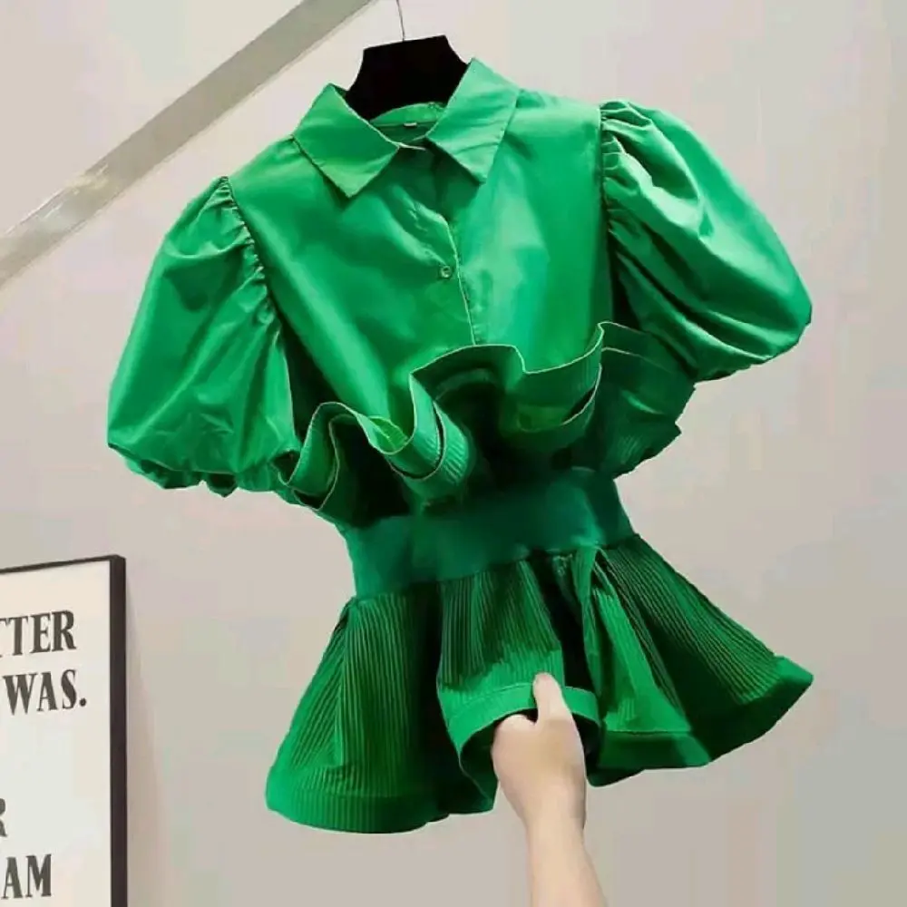 Stylish women's blouse features a slim waist design, big ruffles, and short sleeves, offering a trendy look Womenswear Vintage Tops Summer Shirts Breathable