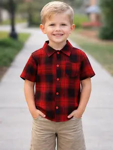 Boys' Plaid Button Shirt - Classic Red Plaid Design, Lightweight & Breathable, Versatile Summer Kids' Clothing for Ages 3-12, Soft Fabric, Easy Dressing, Perfect for School & Travel