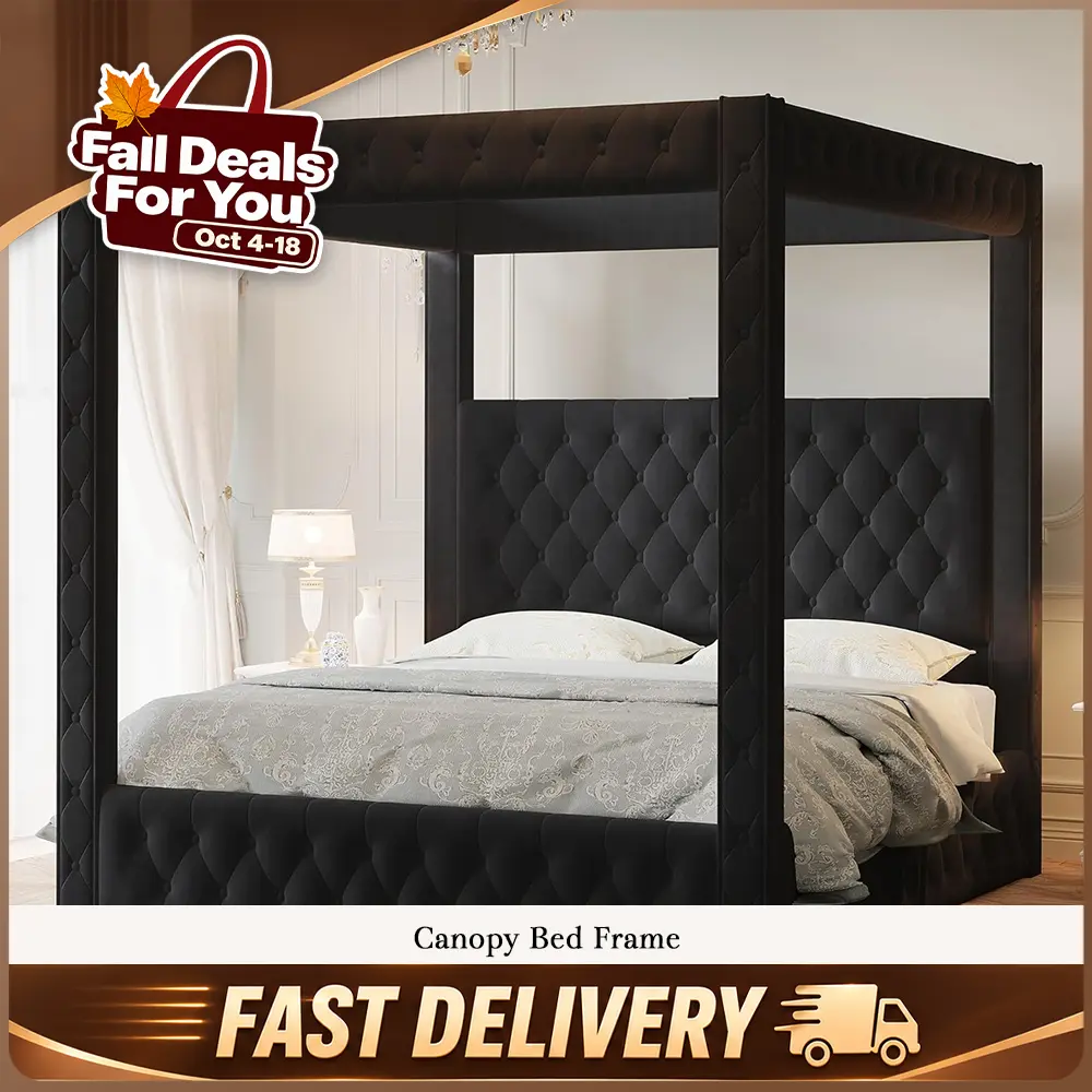 【King Size Shipped in 2 Boxes】AMERLIFE Upholstered Canopy Bed Frame King Size with 74.8" Tall Four Poster and Velvet Deep-Tufted Tall Headboard with Charging Station/Modern Luxury Style/No Box Spring Needed/Black #SohoChic
