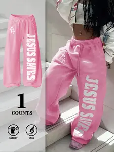 Women's Letter Print Casual Fitted Long Pants, Natural Versatile Texture, Comfortable Daily Wear, Outdoor Simple Style, Urban Youth Travel Fashion, Casual Chic Bottoms