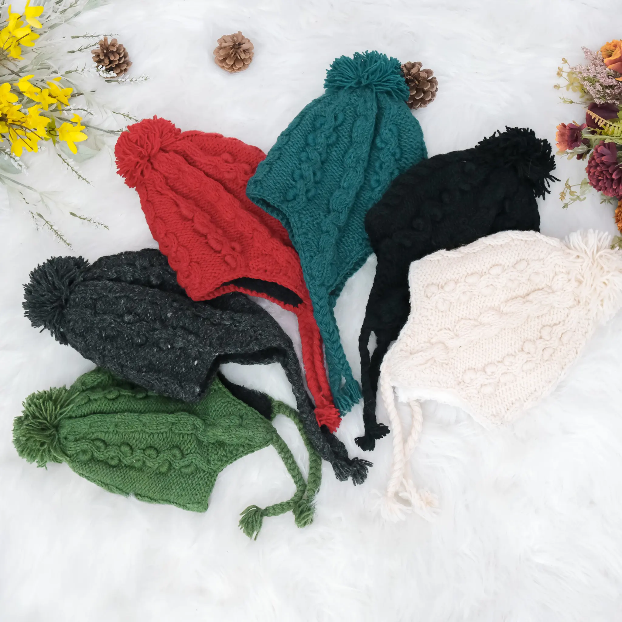 Hand Knit Wool Himalayan Sherpa Earflap Fleece Lined Winter Beanie Hat, Fleece Lined Unisex Warm Hat, Men/Women Handmade  Wool Hat