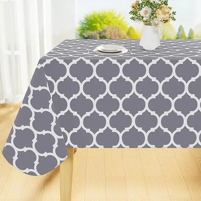 Rectangle Table Cloth, Waterproof Vinyl Tablecloths with Flannel Backing for Rectangle Tables, Wipeable Spillproof Plastic Tablecloth for Dining, Camping, Indoor and Outdoor (60"x84", Grey)