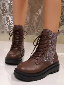 Women's Silver Glitter Combat Boots with Lace - Up Design, Chunky Platform Sole, Stylish & Edgy Footwear for Fashion - Forward Looks, Versatile Boots for Casual or Night Out Occasions
