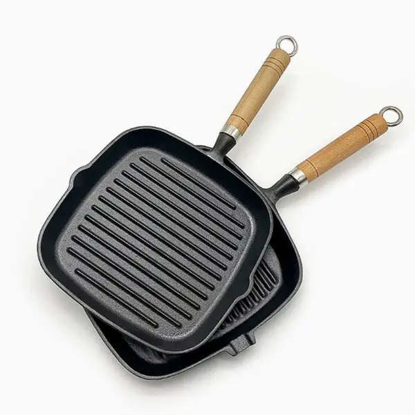 Classic black square cast iron griddle pan with natural wooden handles, rustic kitchen cookware that upgrades your home cooking and food photography aesthetic.