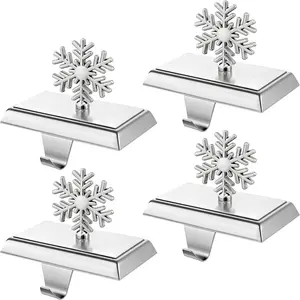 Set of 4 Metal Christmas Stocking Holders for Mantle,Heavy Duty Weighted Stocking Holders for Mantle,  Snowflake Stocking Holder for Tables Window Fireplace Christmas Decorations