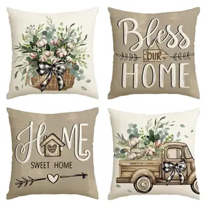 4PCS Spring and summer style colorlife Bless Our Home Farmhouse Eucalyptus Leaves Throw Pillow Covers, 16x16 18 x 18 20x20 Inch Truck Home Sweet Home Cushion Case Decorations Set of 4