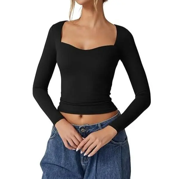Womens Sweetheart Neck Long Sleeve Basic Tops Slimming Fit Tee Shirt Trendy Crop Top