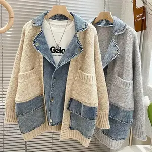 Autumn Winter Women Splicing Denim Jacket Women Long Sleeve Jean Jackets Female Loose Sweater Cardigan Jacket Fashion Leisure