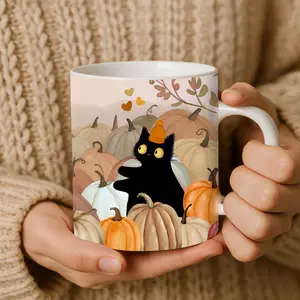 Black Cat & Pumpkin Mug Cozy Fall Coffee Cup for Cat Lovers 11 oz Ceramic with C-handle Dishwasher Safe Ideal Gift for Coffee Lovers and Cat Enthusiasts