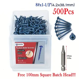 500pcs Square Drive Screws, 8# X 1-1/2" Exterior Wood Screws, Blue Coated Pocket Hole Screws, Coarse Thread, With Square Drive Washer Head Self-Tapping Screws, Including 1pc 100mm Drive Drill Bit