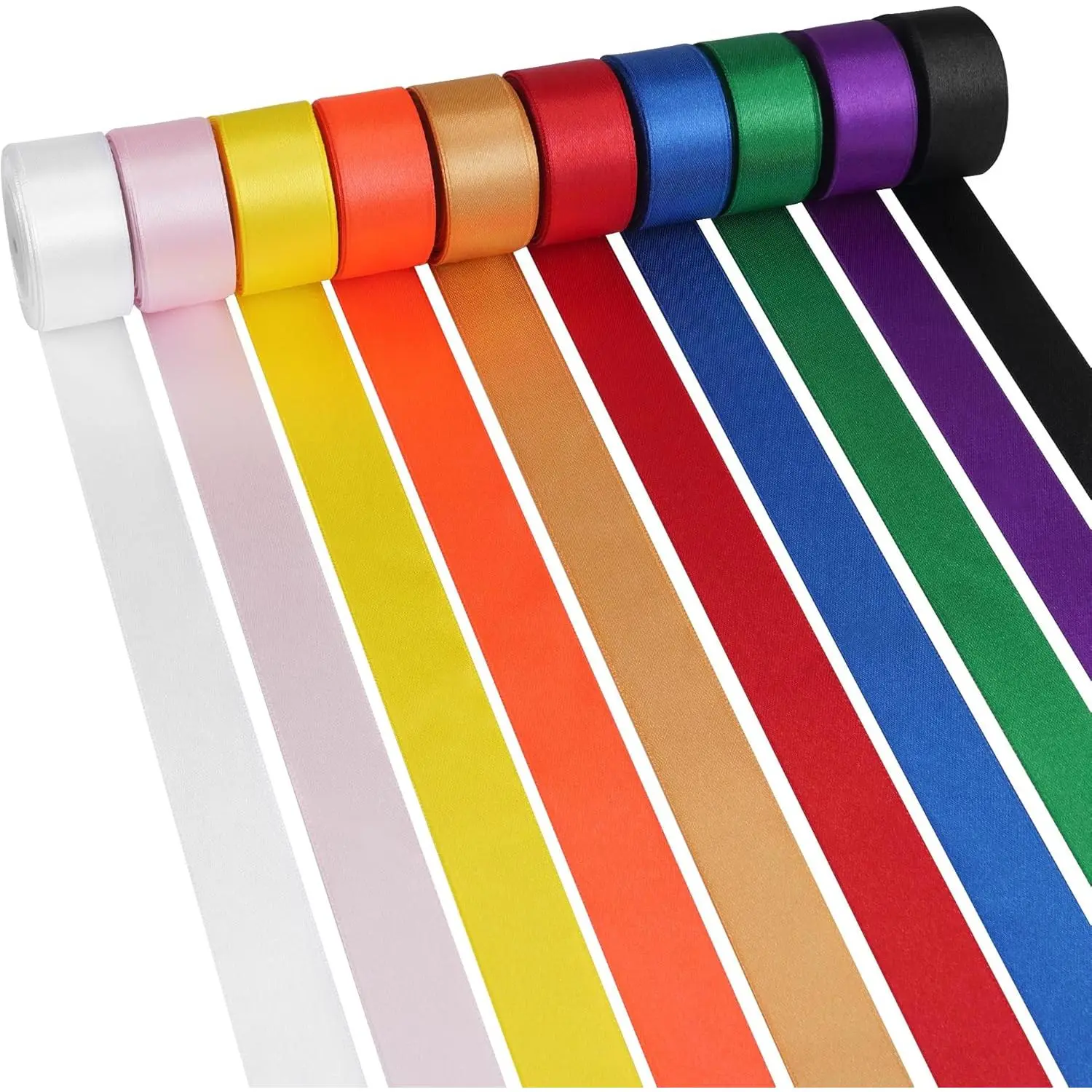 1 Inch Rainbow Ribbon Double Faced Stain Ribbon Solid Color Assorted Fabric Ribbon for Crafts, Wrapping,Hair Bows,Wedding Party Decor,Floral Arrangement - 10 Rolls,Total 100 Yards