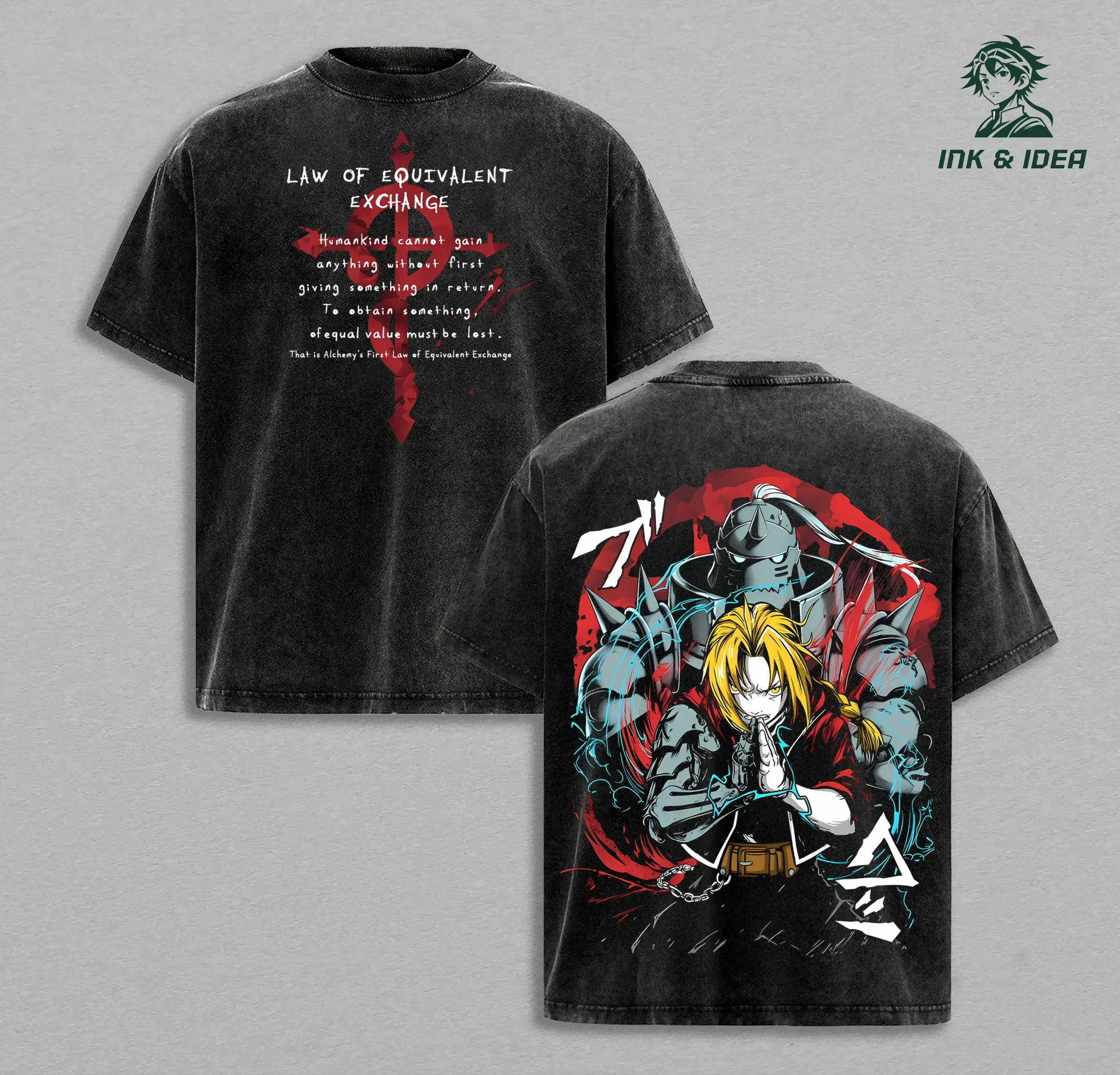 Edward & Alphonse Fullmetal Alchemist Vintage Washed Oversized T-Shirt Double Printed Heavy Cotton Anime Tee Manga Streetwear Graphic Top for Otaku Fans Cool Alternative Fashion Casual Apparel Fan Gift Collectible Merchandise