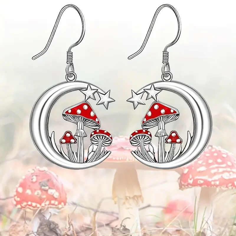 Whimsical Dangles with Red Mushroom Moon Charms, Cottagecore Fairy Alloy Hook Drop Earrings for Women, Fashion
