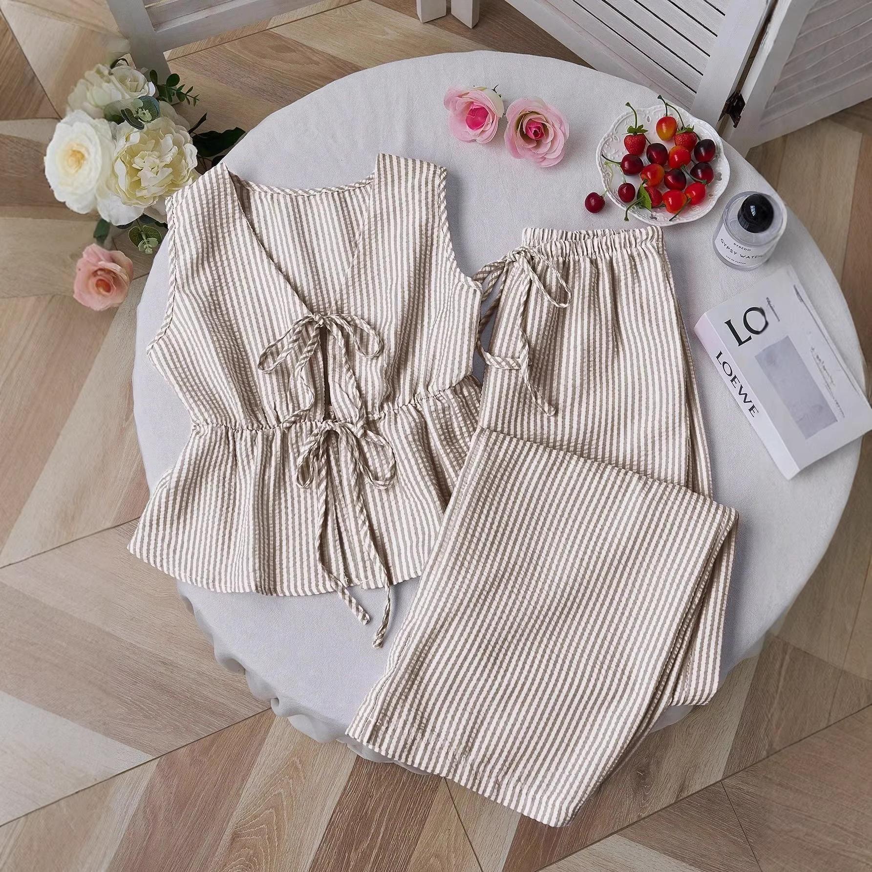 Women's 2 Piece Striped Lounge Set with Pockets Sleeveless Tie Front V Neck Wide Leg Pants Soft Summer Casual Pajamas Loungewear