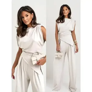 2025 Women’s Solid Color Asymmetrical Shoulder Shirred Slim Top & Wide-Leg Pants Set – Minimalist Versatile Two-Piece Outfit #   AsymmetricTop #   Wide Leg Set Suits Clothes 2025