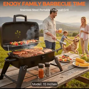 Compact Portable Charcoal Barrel Grill, Foldable Outdoor BBQ Smoker, Ideal for Camping and Outdoor Cooking, Black