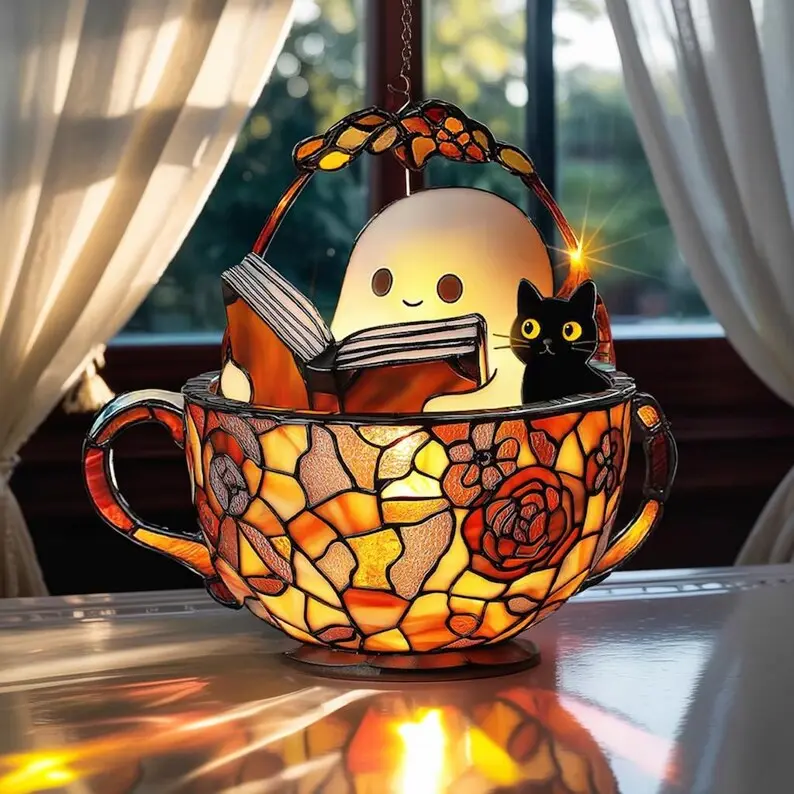 Cute Ghost Reading Book Suncatcher, Ghost And Black Cat in Teacup Acrylic Suncatcher, Book Lover Gift, Ghost Reading Suncatcher Ornament