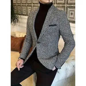 Men'S Black Houndstooth Print Blazer - Lightweight Polyester Jacket with Lapel Collar & Side Pockets, Perfect for Spring and Fall Business Casual Wear